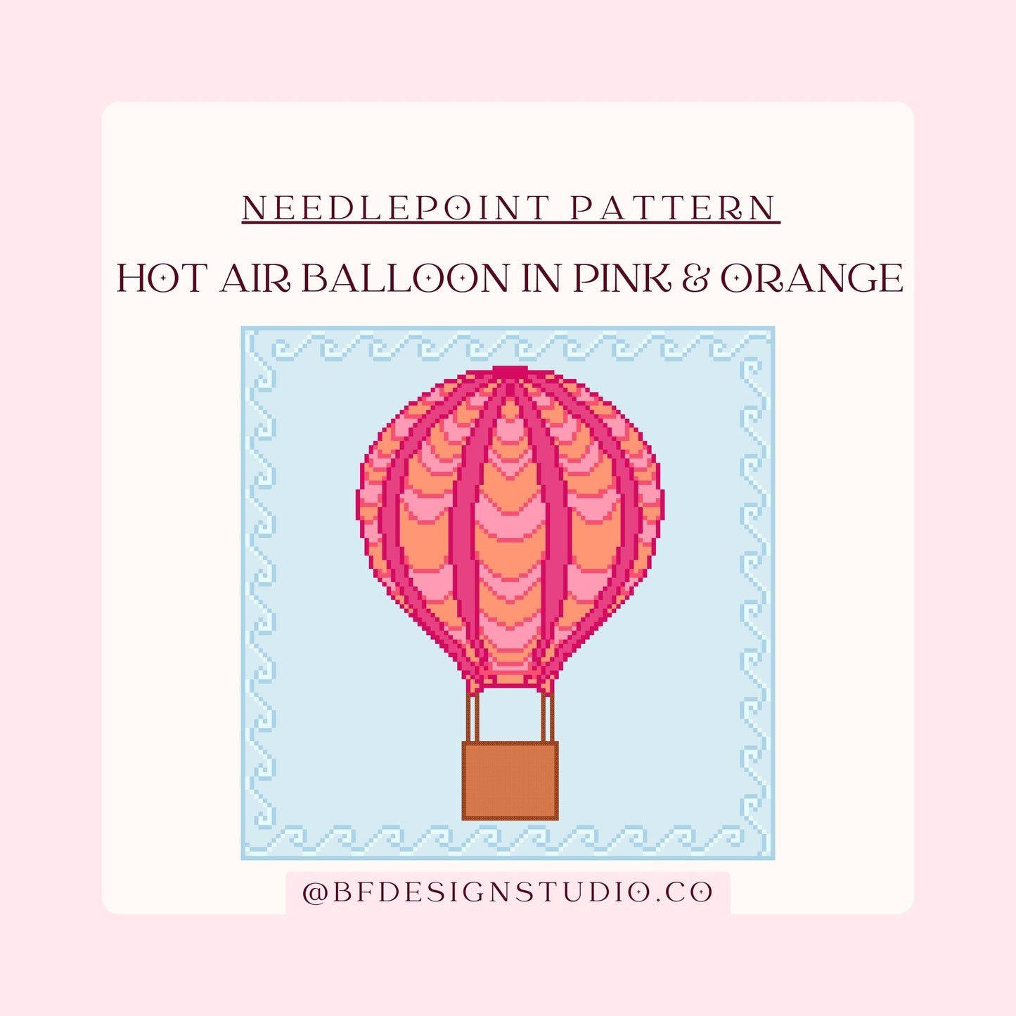 Hot Air Balloon in Pink  & Orange - Needlepoint Chart - 13 Mesh - 9.3 x 9.3"- Instant Digital Download