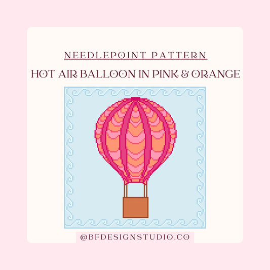 Hot Air Balloon in Pink  & Orange - Needlepoint Chart - 13 Mesh - 9.3 x 9.3"- Instant Digital Download