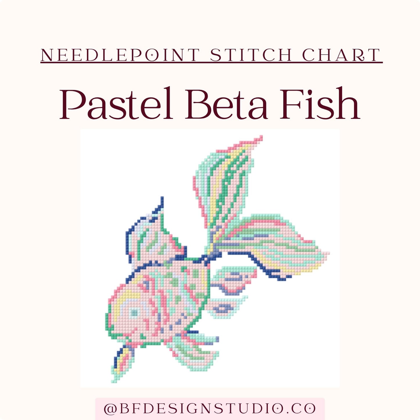 Pastel Beta Fish- Needlepoint chart - 18 Mesh - 5" x 5"- Instant Digital Download