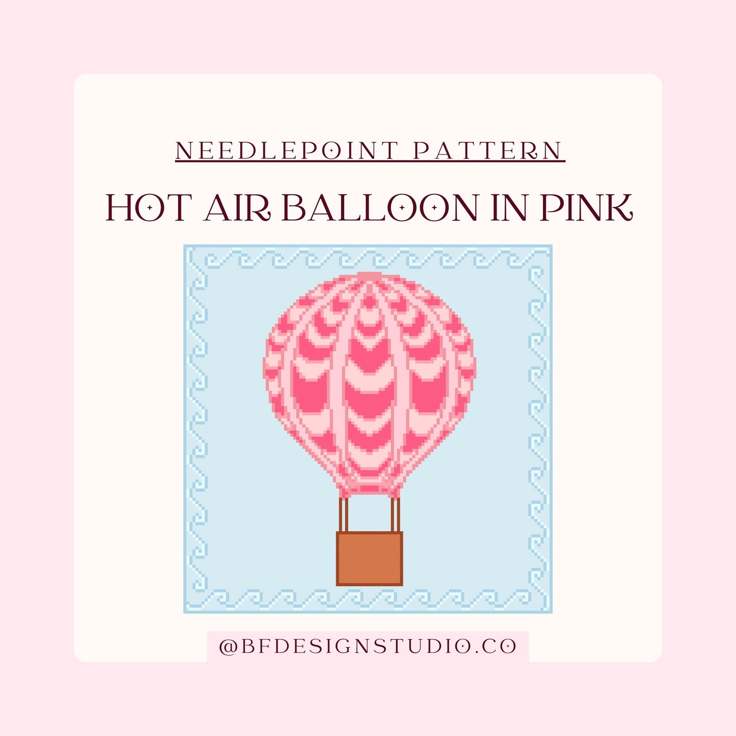 Hot Air Balloon in Pink - Needlepoint Chart - 13 Mesh - 9.3 x 9.3"- Instant Digital Download