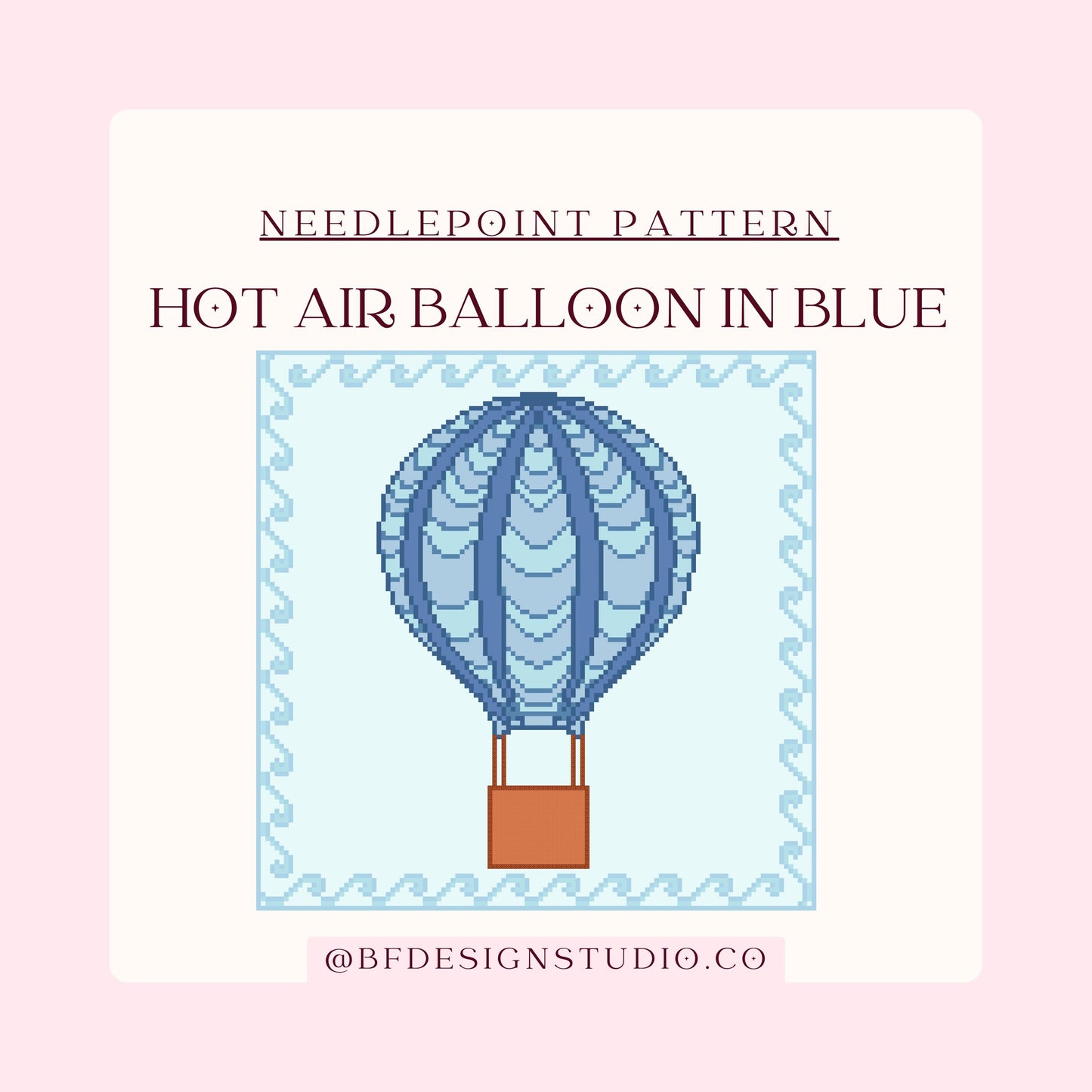 Hot Air Balloon in Blue- Needlepoint Chart - 13 Mesh - 9.3 x 9.3"- Instant Digital Download