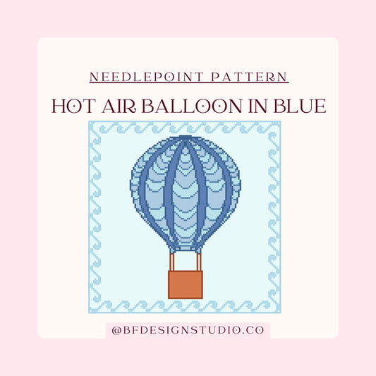 Hot Air Balloon in Blue- Needlepoint Chart - 13 Mesh - 9.3 x 9.3"- Instant Digital Download