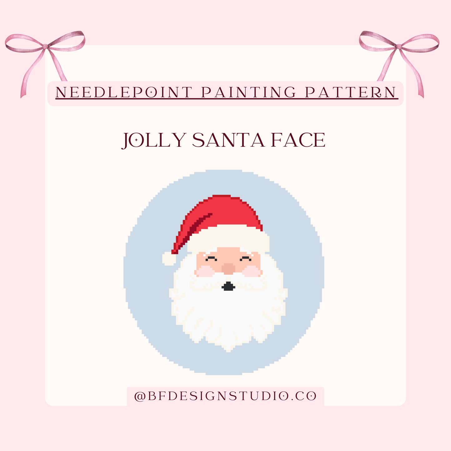 Jolly Santa Face Needlepoint Pattern - 18 Mesh - 4.8 x 5" - Beginner Christmas Ornament (PDF)