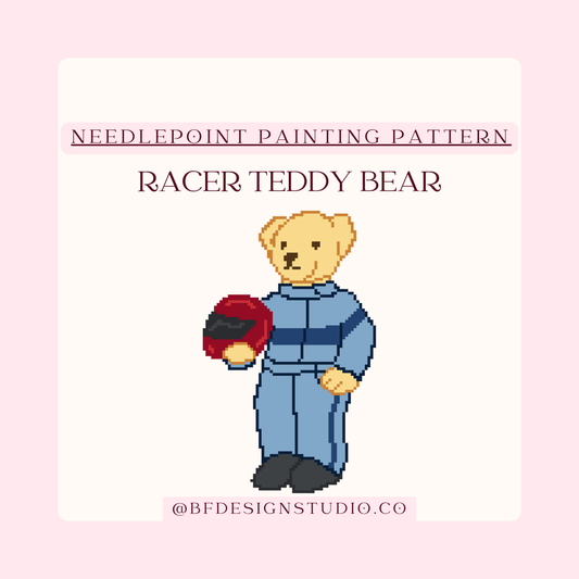 Racer Teddy Bear - Needlepoint Chart - 18 Mesh - 3.4 x 5.6" - PDF Download