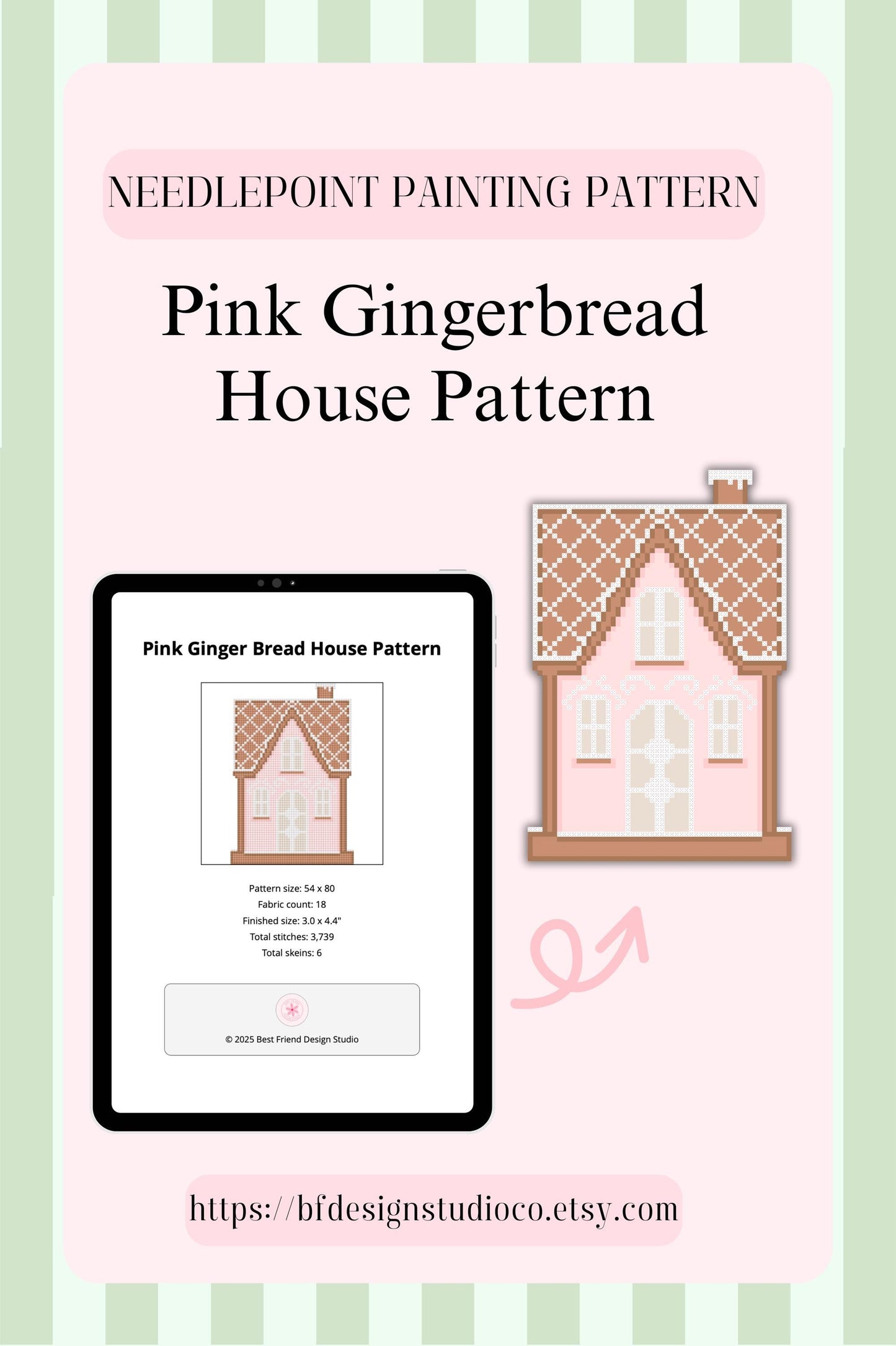 Pink Gingerbread house - Needlepoint Chart - 18 Mesh - 3 x 4.4" - Beginner Friendly - Instant Downloadable PDF - Needlepoint Holiday decor