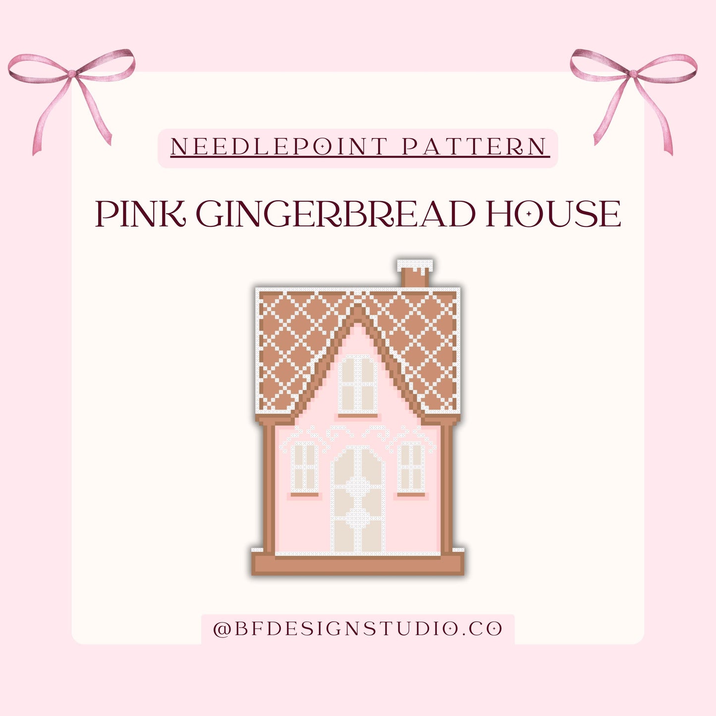 Pink Gingerbread house - Needlepoint Chart - 18 Mesh - 3 x 4.4" - Beginner Friendly - Instant Downloadable PDF - Needlepoint Holiday decor