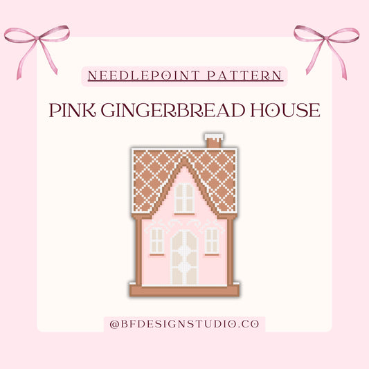 Pink Gingerbread house - Needlepoint Chart - 18 Mesh - 3 x 4.4" - Beginner Friendly - Instant Downloadable PDF - Needlepoint Holiday decor
