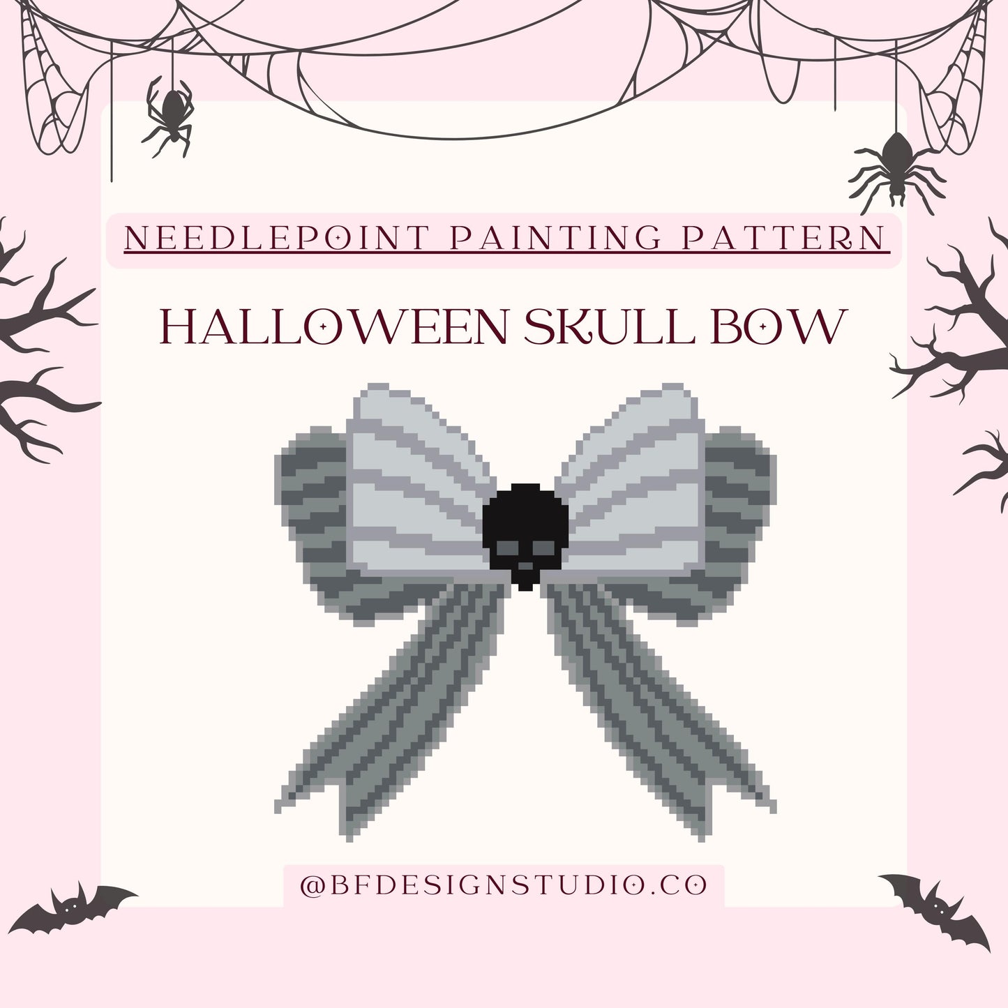 Halloween Skull Bow - Needlepoint Chart - 18 Mesh - 4 x 4" - Beginner Friendly - Instant Downloadable PDF - Bag charm, Pillow, Decor & more
