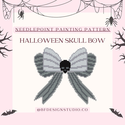 Halloween Skull Bow - Needlepoint Chart - 18 Mesh - 4 x 4" - Beginner Friendly - Instant Downloadable PDF - Bag charm, Pillow, Decor & more